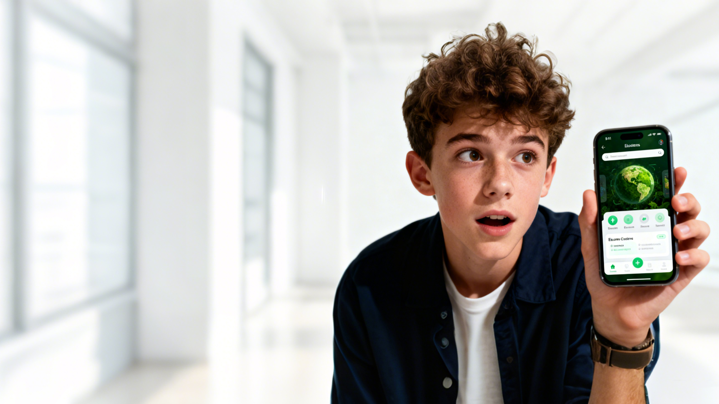 Child using a smartphone with an eco app interface