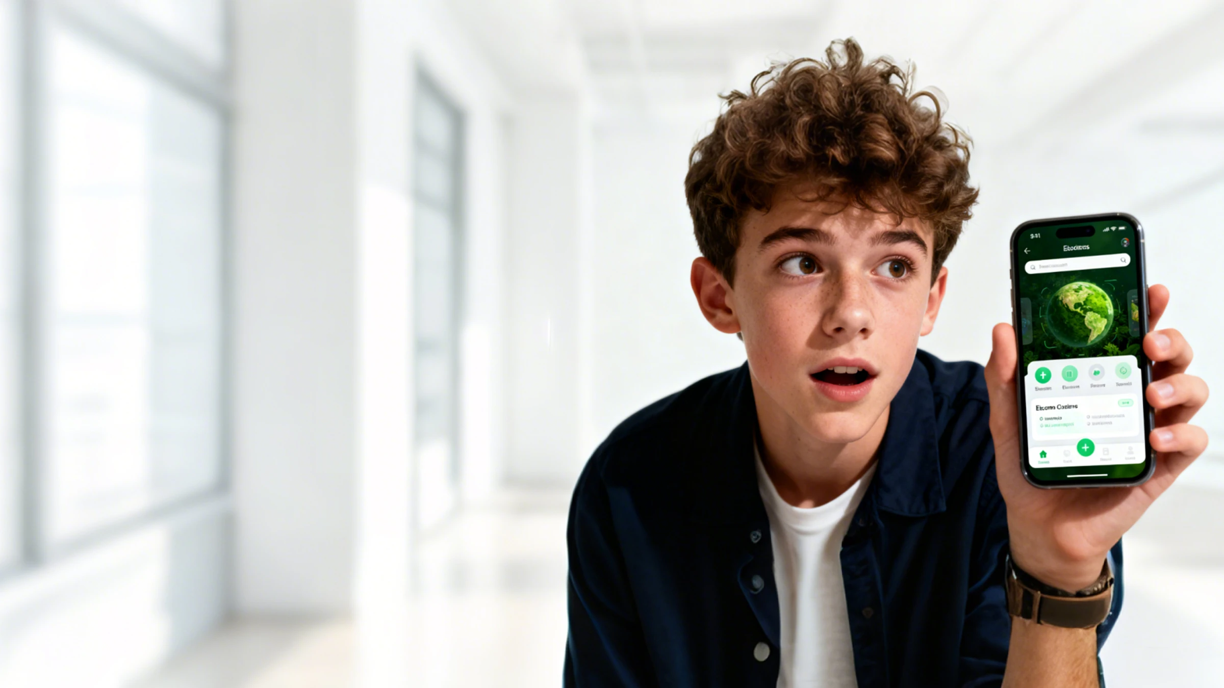 Child using a smartphone with an eco app interface